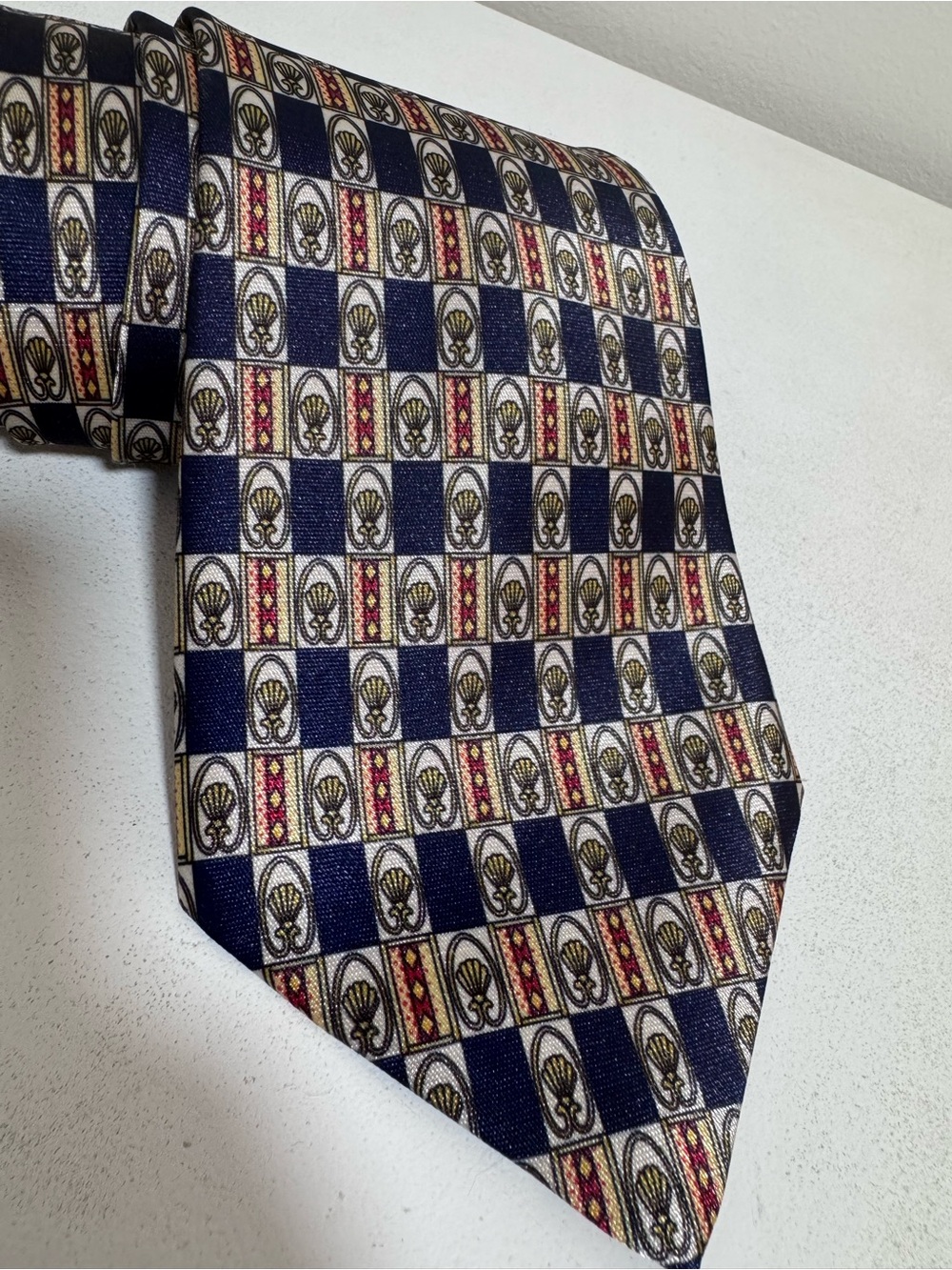 Vintage Gold City Handmade Silk Tie Mens Blue Gold Seashell Geometric Necktie
